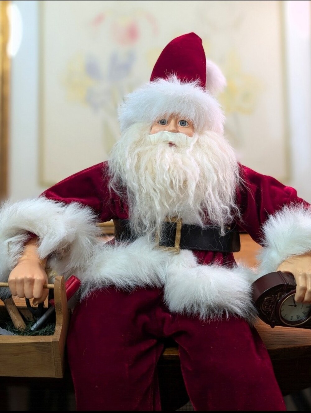 Large Vintage Santa Shelf Sitter w/ Clock & Toolbox